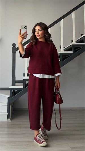 Burgundy Contrast T-Shirt Knit Set