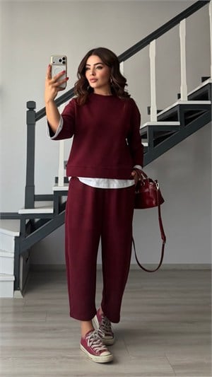 Burgundy Contrast T-Shirt Knit Set