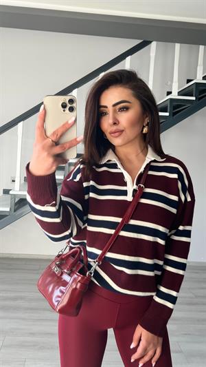 Bordo - Krem Polo Yaka Kazak 