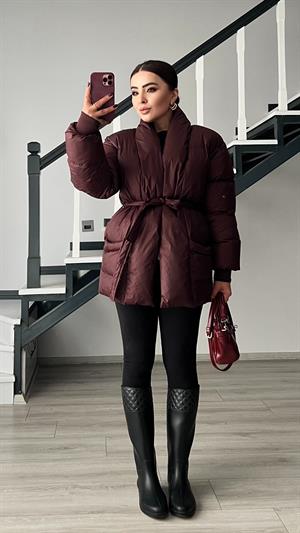 Bordo Kruvaze Kuşaklı Şişme Mont