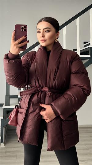 Bordo Kruvaze Kuşaklı Şişme Mont
