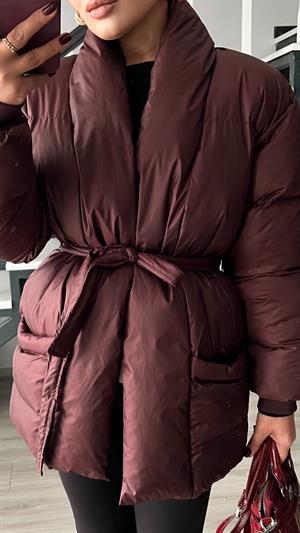 Bordo Kruvaze Kuşaklı Şişme Mont