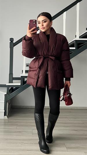 Bordo Kruvaze Kuşaklı Şişme Mont