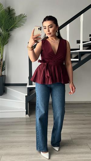 Bordo Kuşaklı Poplin Bluz 