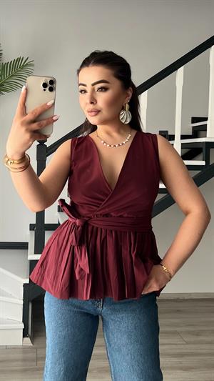 Bordo Kuşaklı Poplin Bluz 