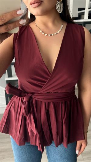 Bordo Kuşaklı Poplin Bluz 