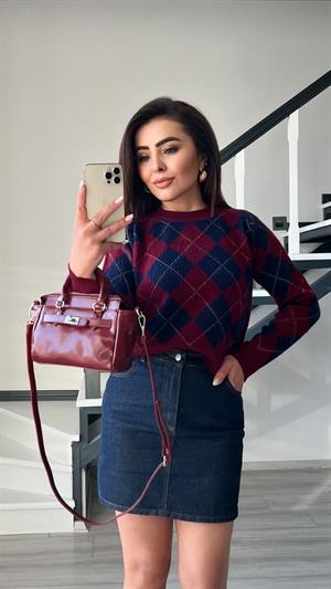 Bordo - Lacivert Baklava Desen Kazak 