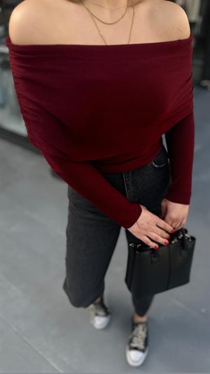 Bordo Madonna Yaka Yanı Büzgülü Bluz