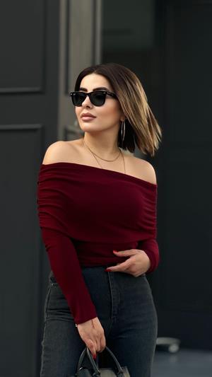 Bordo Madonna Yaka Yanı Büzgülü Bluz
