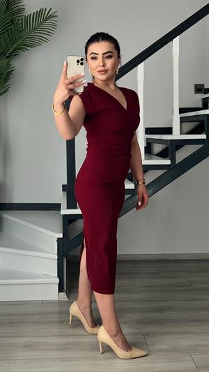 Bordo Marka Model V Yaka Önü Drapeli Midi Elbise