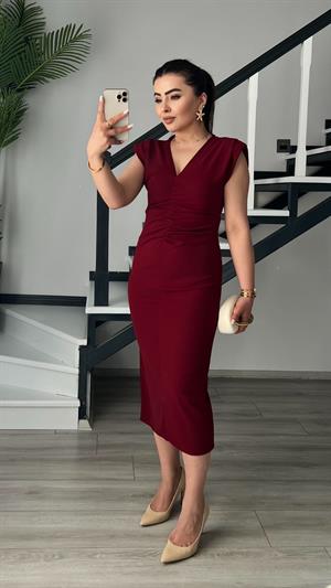 Bordo Marka Model V Yaka Önü Drapeli Midi Elbise
