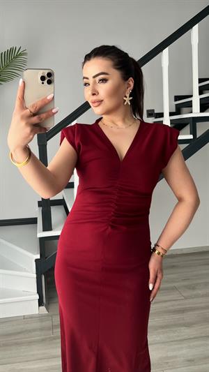 Bordo Marka Model V Yaka Önü Drapeli Midi Elbise