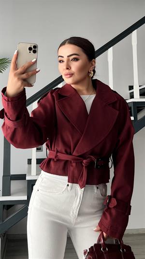 Bordo Omuz Apoletli Kuşaklı Trençkot