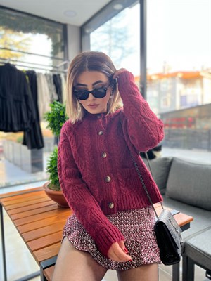 Burgundy Knitted Cardigan with Pockets