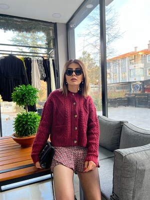 Burgundy Knitted Cardigan with Pockets