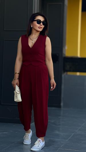 Bordo Paça Düğmeli Pantolon 