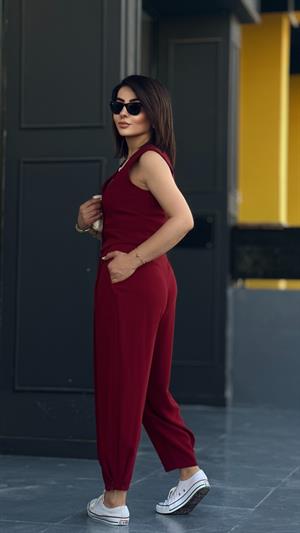 Bordo Paça Düğmeli Pantolon 
