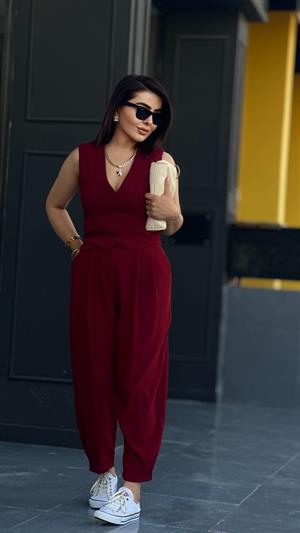 Bordo Paça Düğmeli Pantolon 