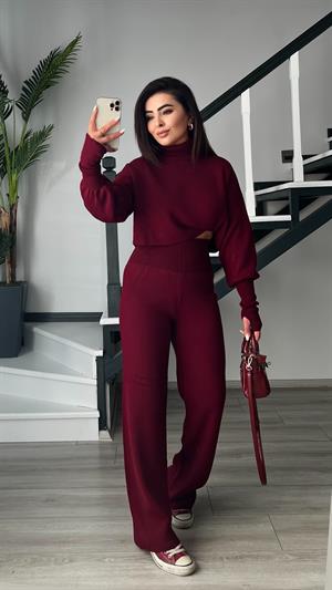 Bordo Parmak Geçmeli Triko Takım
