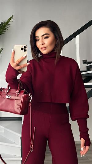 Bordo Parmak Geçmeli Triko Takım