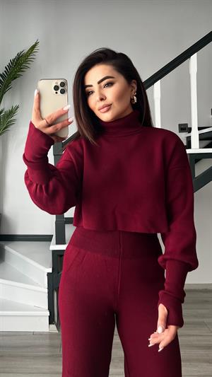 Bordo Parmak Geçmeli Triko Takım