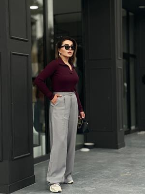Bordo Polo Yaka Düğmeli Fitilli Body 