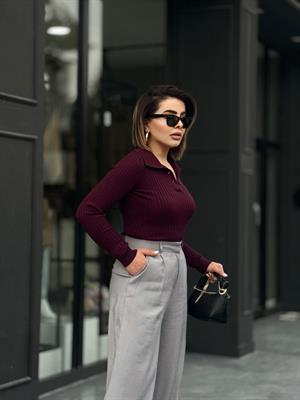 Bordo Polo Yaka Düğmeli Fitilli Body 
