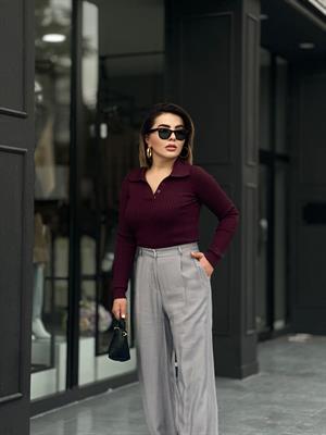 Bordo Polo Yaka Düğmeli Fitilli Body 