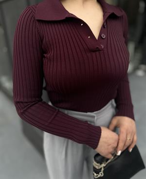 Bordo Polo Yaka Düğmeli Fitilli Body 
