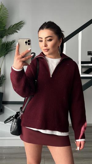 Bordo Polo Yaka Fermuarlı Kazak 