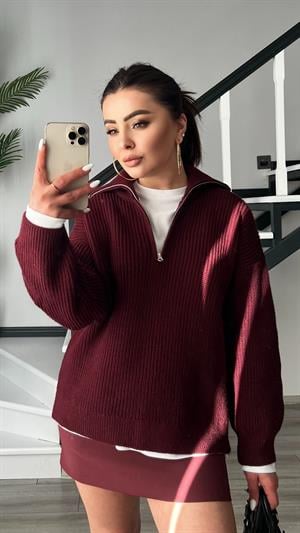 Bordo Polo Yaka Fermuarlı Kazak 