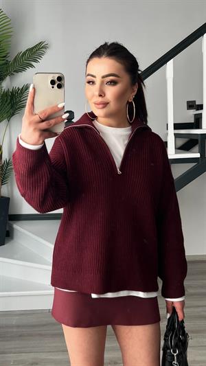 Bordo Polo Yaka Fermuarlı Kazak 