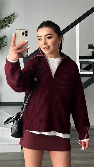 Bordo Polo Yaka Fermuarlı Kazak 