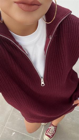 Bordo Polo Yaka Fermuarlı Kazak 