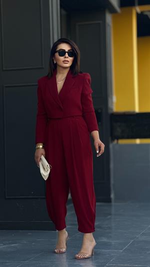 Bordo Premıum Astarlı Düğmeli Crop Ceket