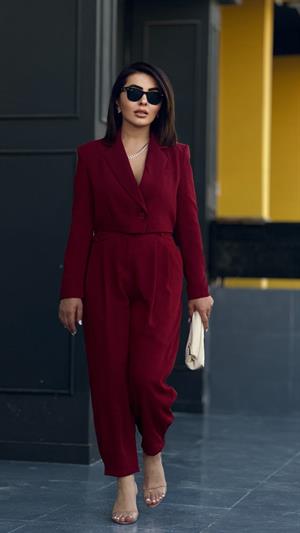 Bordo Premıum Astarlı Düğmeli Crop Ceket