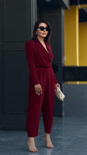 Bordo Premıum Astarlı Düğmeli Crop Ceket