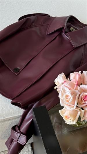 Bordo Premium Düğme Detaylı Apoletli Deri Ceket