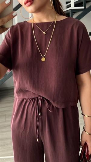 Bordo Premium Tnsel Bluz-Pantolon Takım