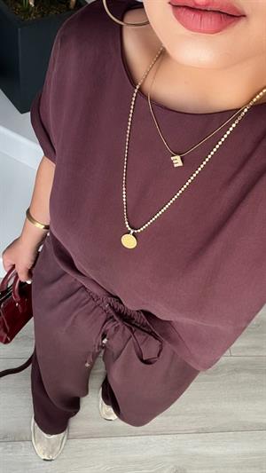 Bordo Premium Tnsel Bluz-Pantolon Takım