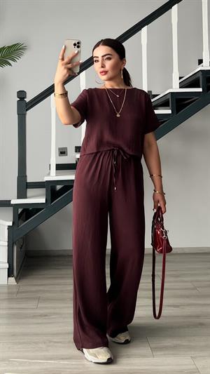 Bordo Premium Tnsel Bluz-Pantolon Takım