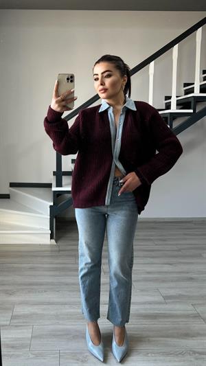 Bordo Premium Yakası Denim Detaylı Çıtçıtlı Hırka
