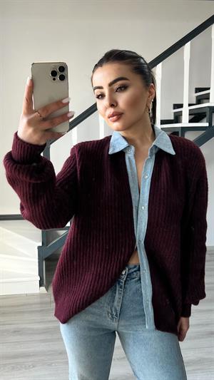 Bordo Premium Yakası Denim Detaylı Çıtçıtlı Hırka