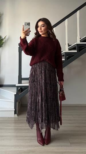 Bordo-Siyah Astarlı Bel Lastikli Asimetrik Etek