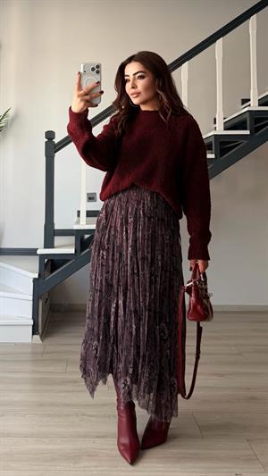 Bordo-Siyah Astarlı Bel Lastikli Asimetrik Etek