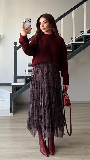 Bordo-Siyah Astarlı Bel Lastikli Asimetrik Etek