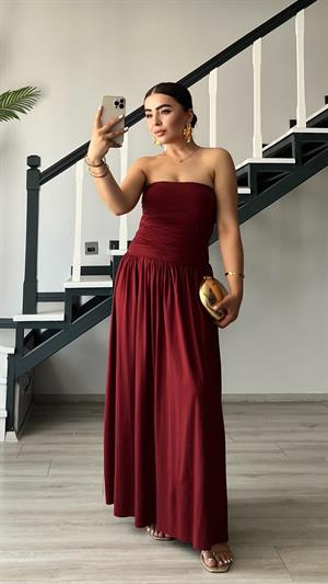 Bordo Straplez Büzgülü Elbise