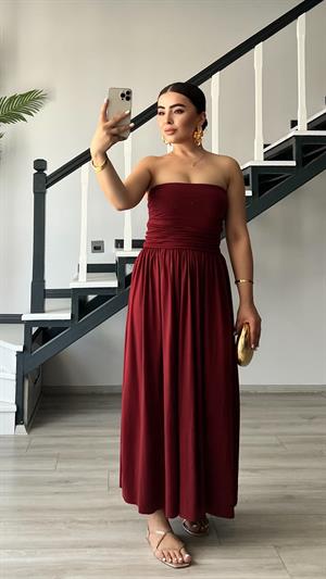 Bordo Straplez Büzgülü Elbise