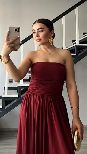 Bordo Straplez Büzgülü Elbise