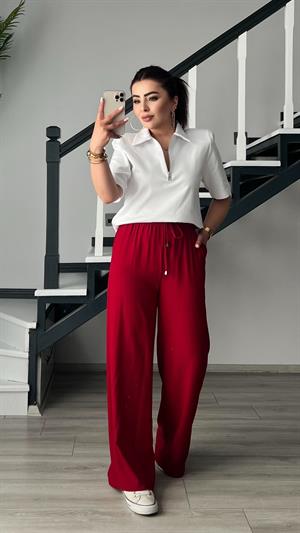 Bordo Tensel Kumaş Beli Lastikli Pantolon